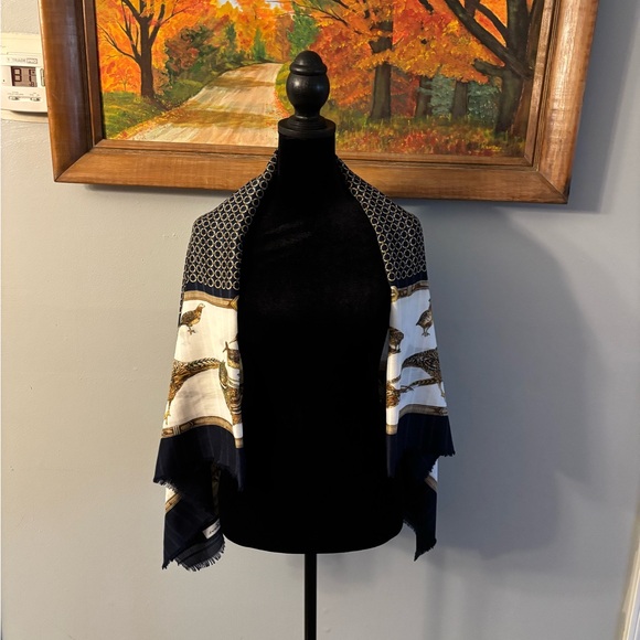 Jim Renoir Vintage Extra Large Square Pheasant Scarf 46x46 EUC Blue/White/Gold - Picture 2 of 14